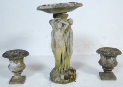 20TH CENTURY THREE GRACES BIRD BATH AND TWO SONE URNS