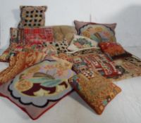 COLLECTION OF 20TH CENTURY VELVET TAPESTRY CUSHIONS & HANGING