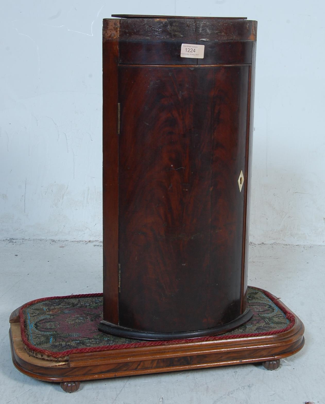 GEROGIAN BOW FRONT CORNER CABINET AND TAPESTRY FOOTSTOOL