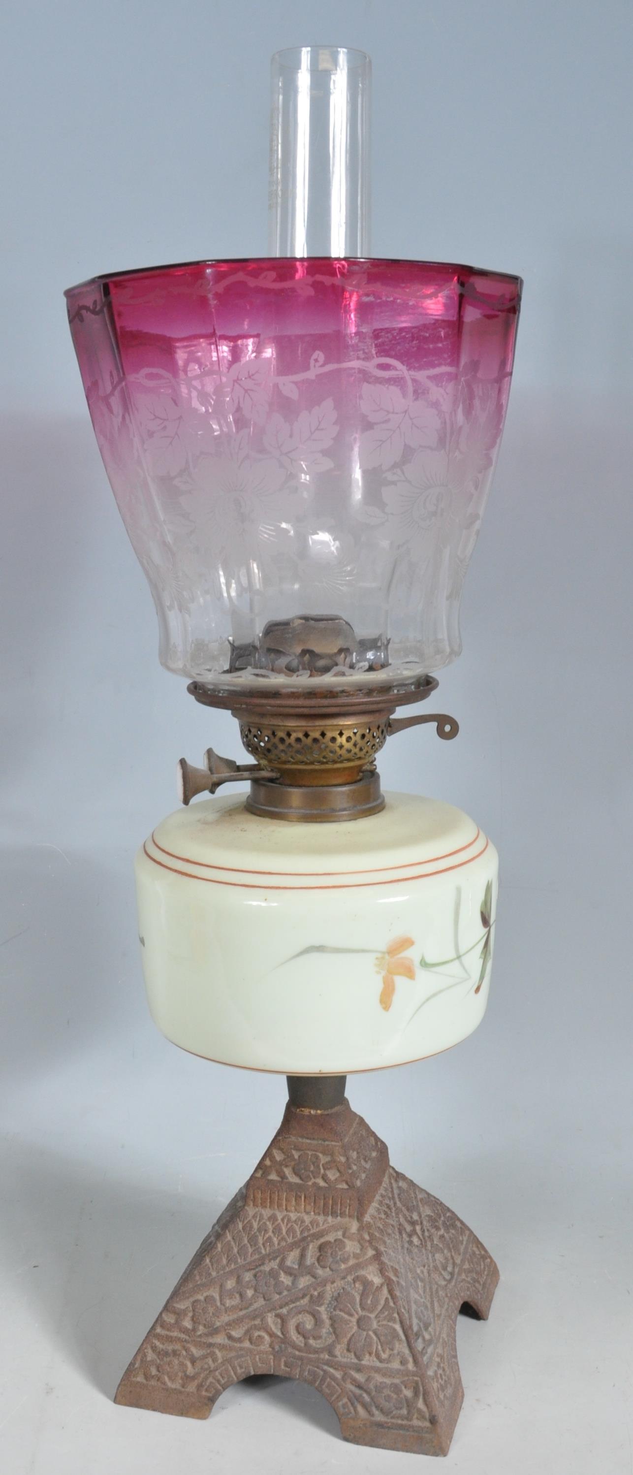 LATE 19TH CENTURY VICTORIAN CRANBERRY GLASS OIL LAMP - Image 7 of 8