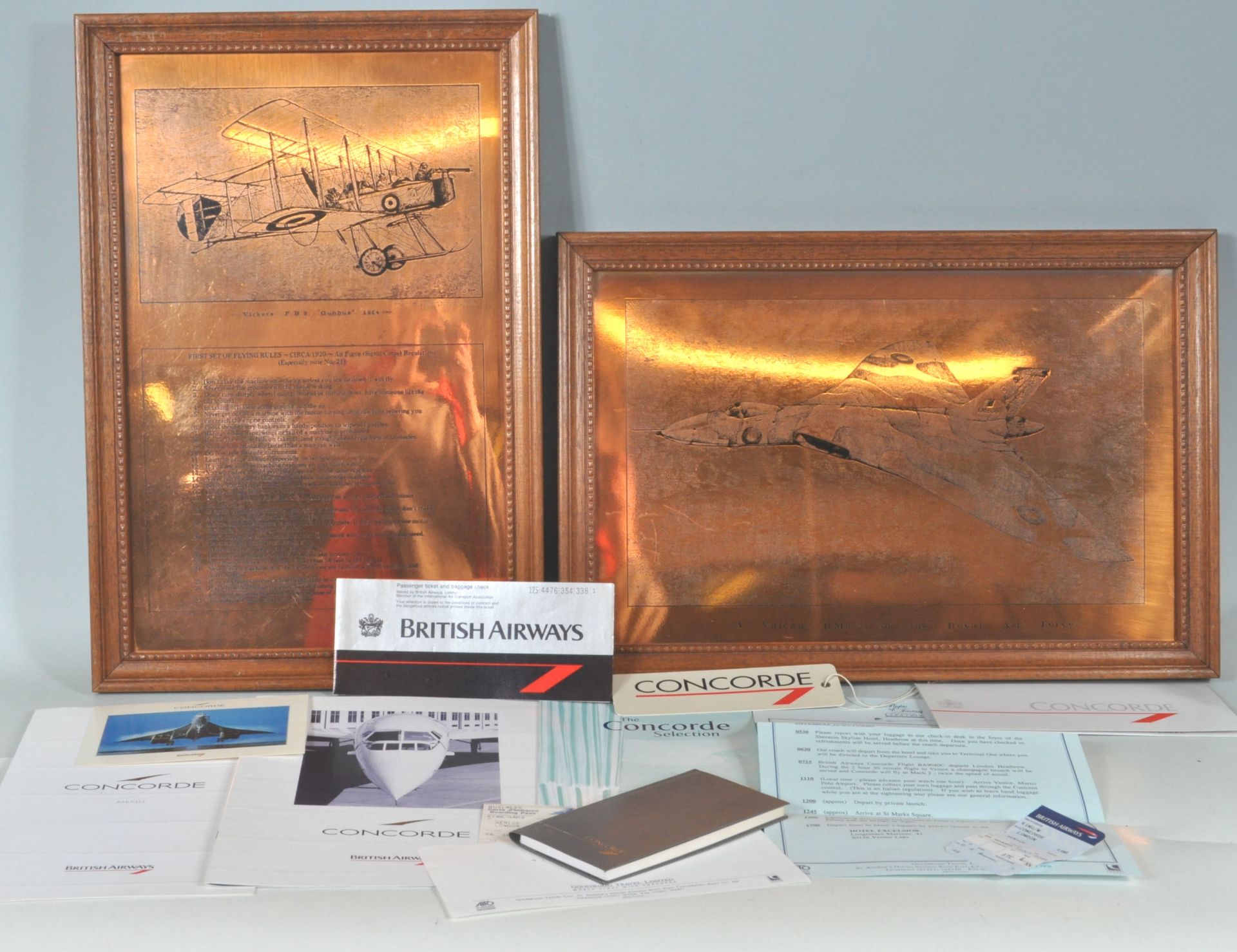 AVIATION INTEREST - VULCAN AND VICKERS FRAMED COPPER PLATES AND CONCORDE MEMORABILIA.