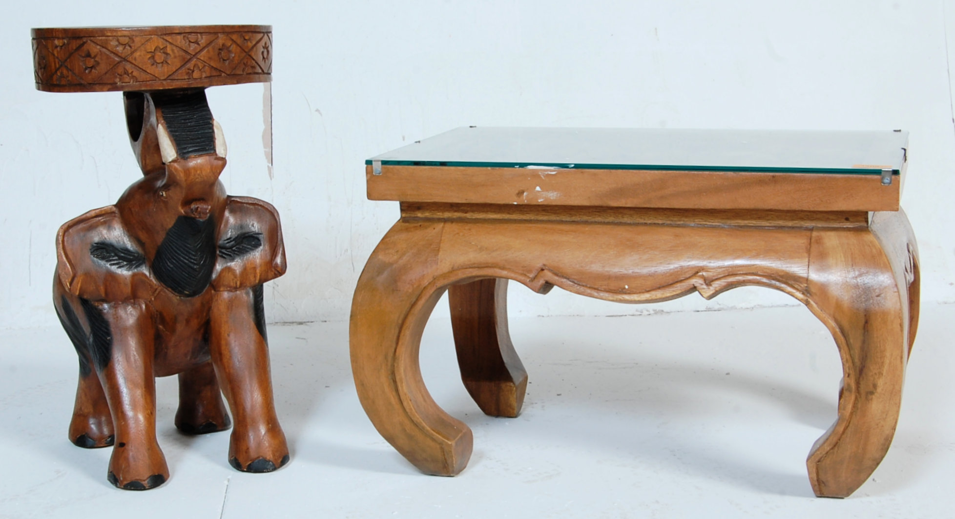 20TH CENTURY ELEPHANT CARVED HARDWOOD SIDE TABLE AND A STOOL