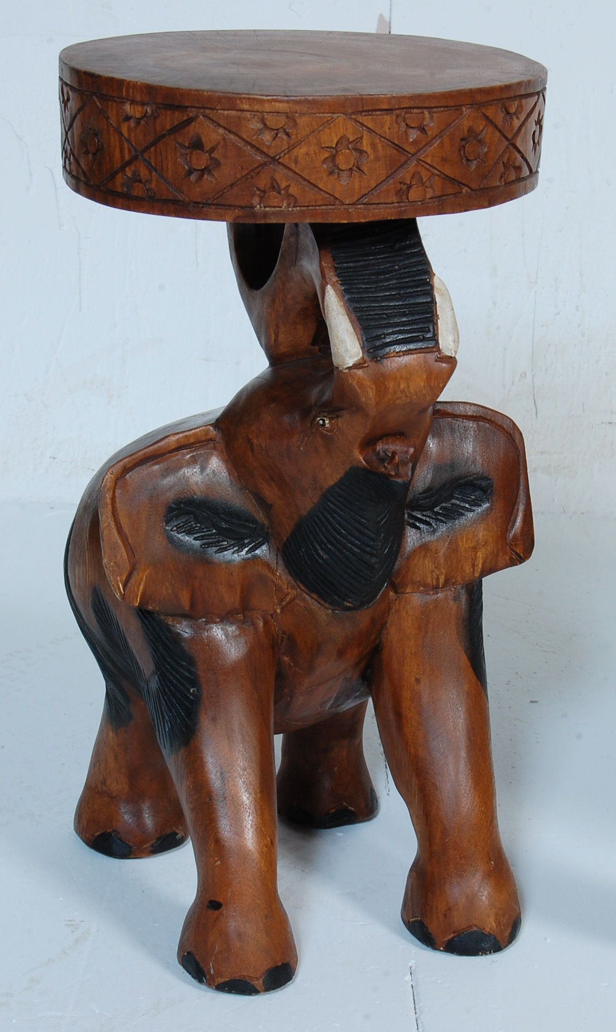 20TH CENTURY ELEPHANT CARVED HARDWOOD SIDE TABLE AND A STOOL - Image 3 of 7