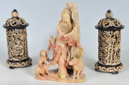 CHINESE ORIENTAL CARVED FIGURINE AND TWO INCENSE BURNERS