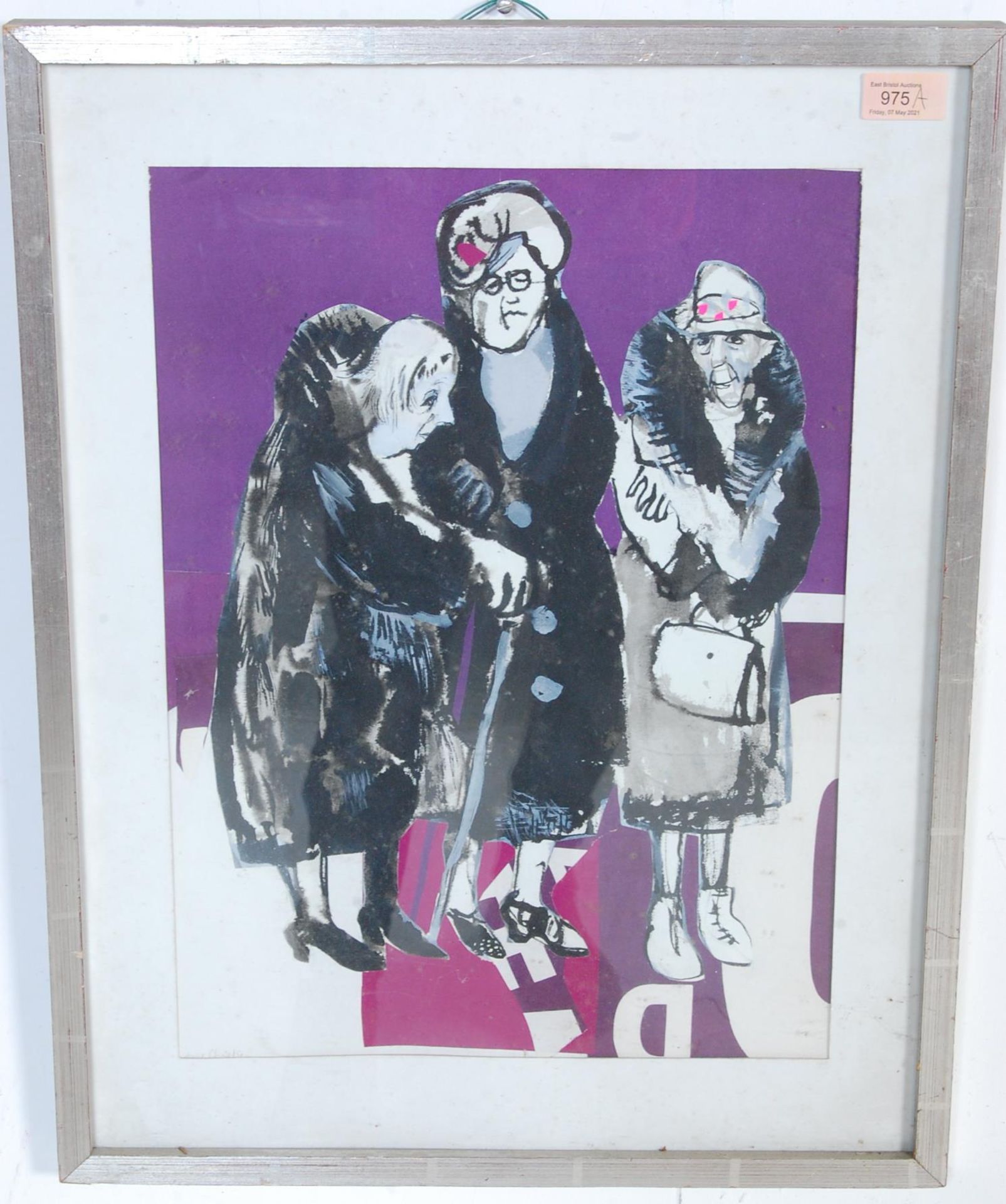 ANNE CHRISTIE - THREE OLD LADIES - COLLAGE AND WASH PICTURE / PAINTING