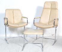 TWO 1970’S CREAM LEATHER ARMCHAIRS AND A STOOL BY TED BATES - PIEFF ELEGANZA RAGE