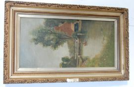 ANTIQUE EARLY 20TH CENTURY OIL ON CANVAS PAINTING OF A RIVERSIDE SCENE