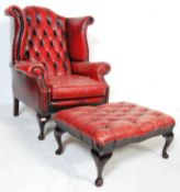 20TH CENTURY OXBLOOD WINGBACK ARMCHAIR AND STOOL