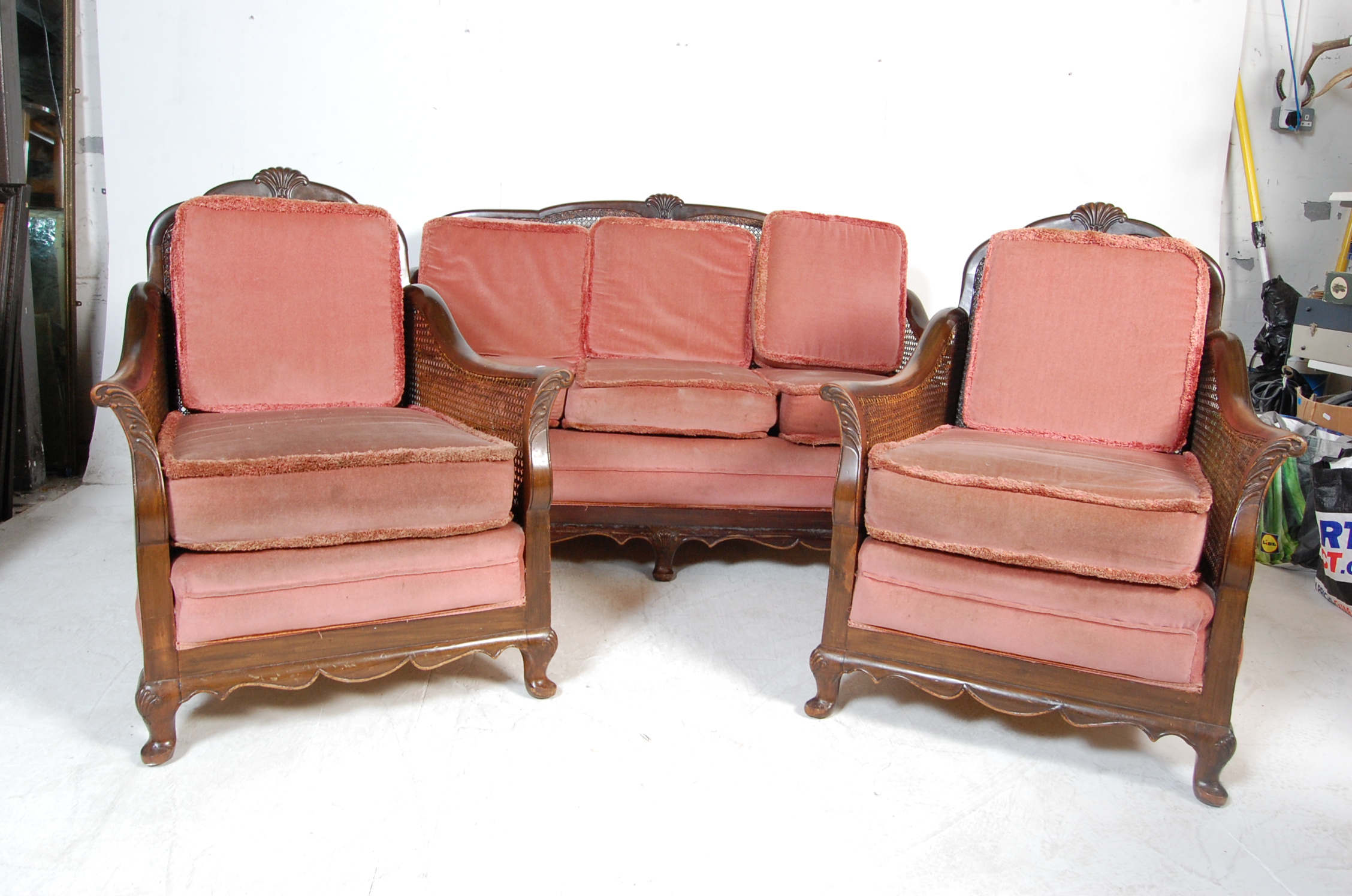 EDWARDIAN MAHOGANY CANED BERGERE 3 PIECE SUITE