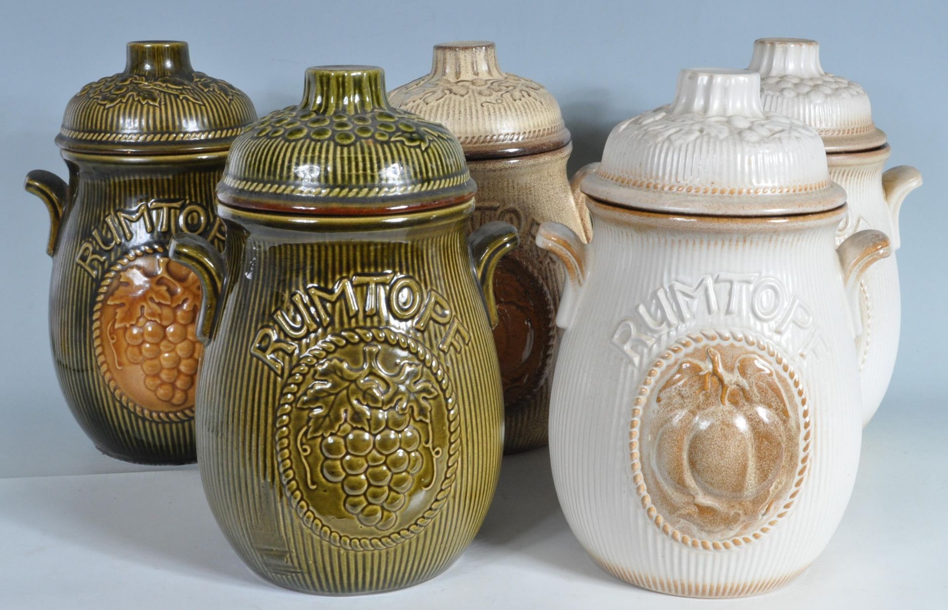 FIVE WEST GERMAN RUMTOPF LIDDED JARS