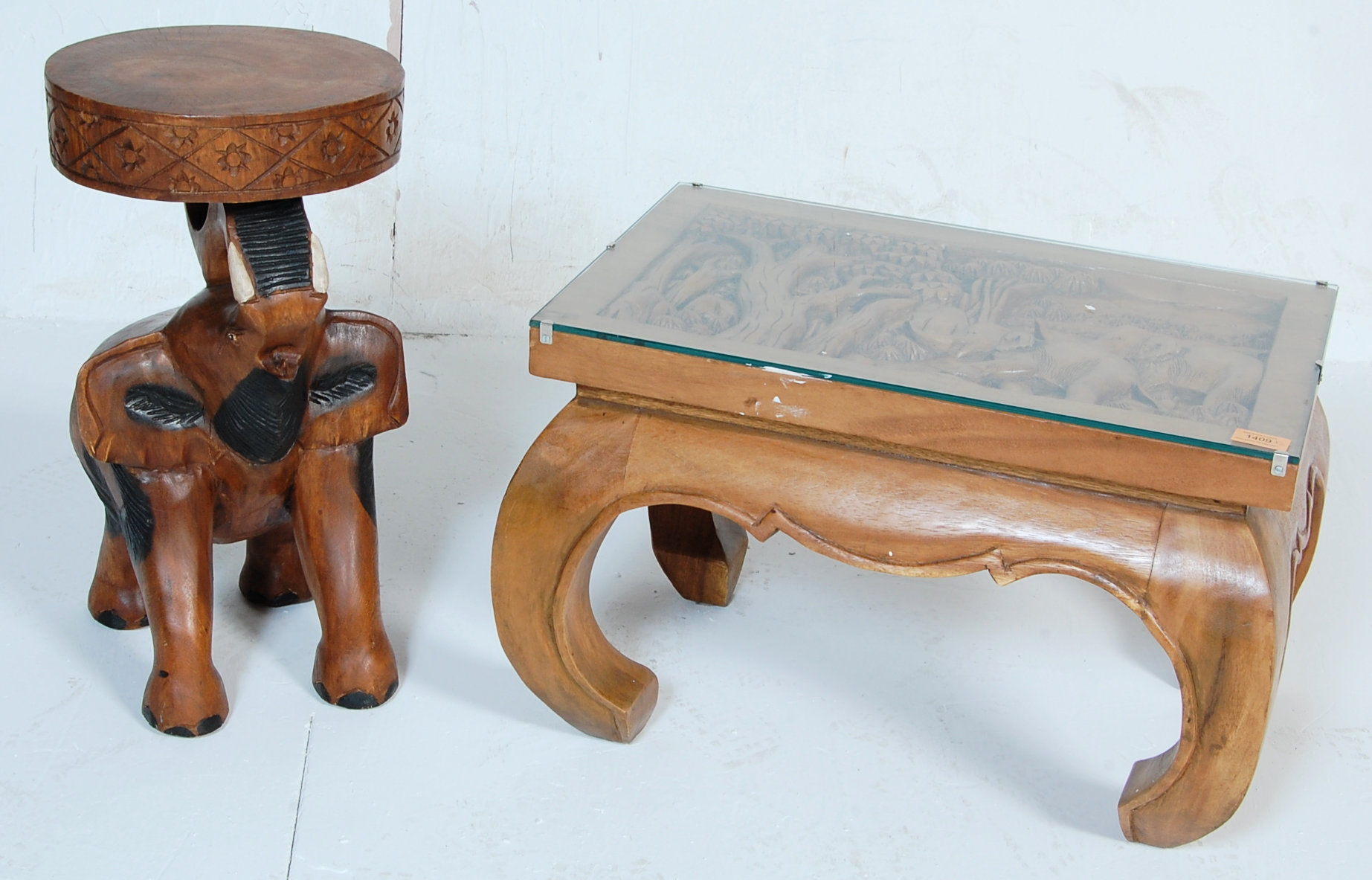 20TH CENTURY ELEPHANT CARVED HARDWOOD SIDE TABLE AND A STOOL - Image 2 of 7