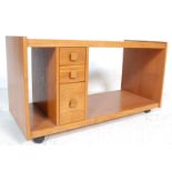 RETRO VINTAGE TEAK WOOD TWO TIER SHELVING UNIT ON WHEELS