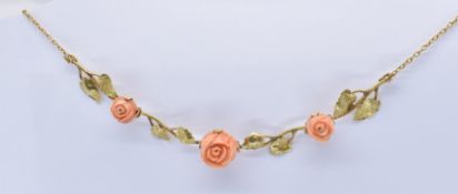 FRENCH ART NOUVEAU 18CT GOLD CARVED CORAL GARLAND NECKLACE