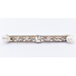 FRENCH 18CT GOLD PLATINUM PEARL DIAMOND BAR BROOCH