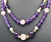 AMETHYST, ROSE QUARTZ & PEARL BEAD NECKLACE