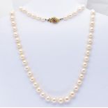 FRENCH 18CT GOLD PEARL & RUBY SINGLE STRAND COLLAR NECKLACE