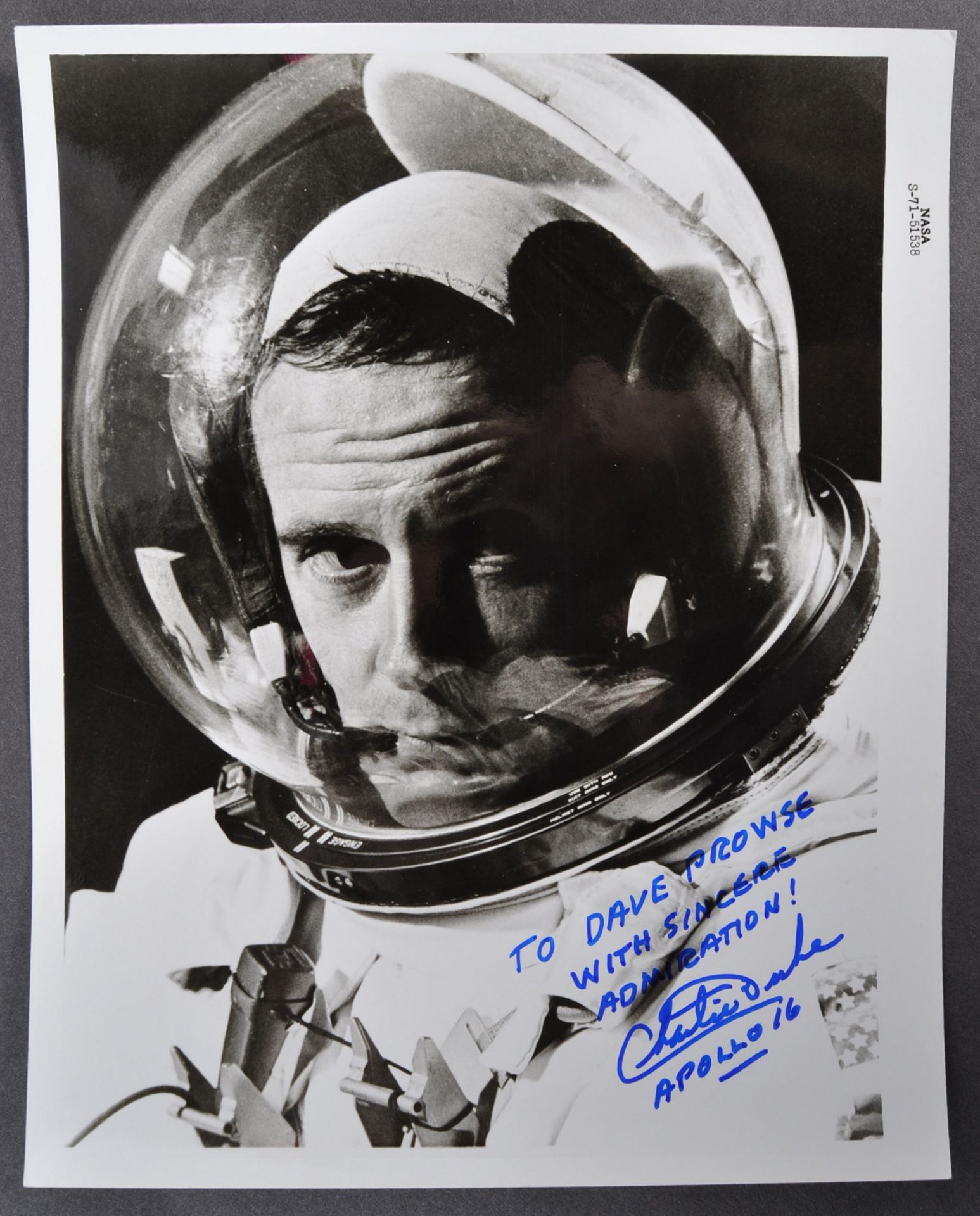 ESTATE OF DAVE PROWSE - CHARLES DUKE ASTRONAUT - DEDICATED AUTOGRAPH