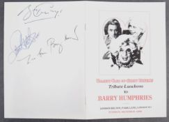 ESTATE OF DAVE PROWSE - BARRY HUMPHRIES LUNCHEON MENU SIGNED X3