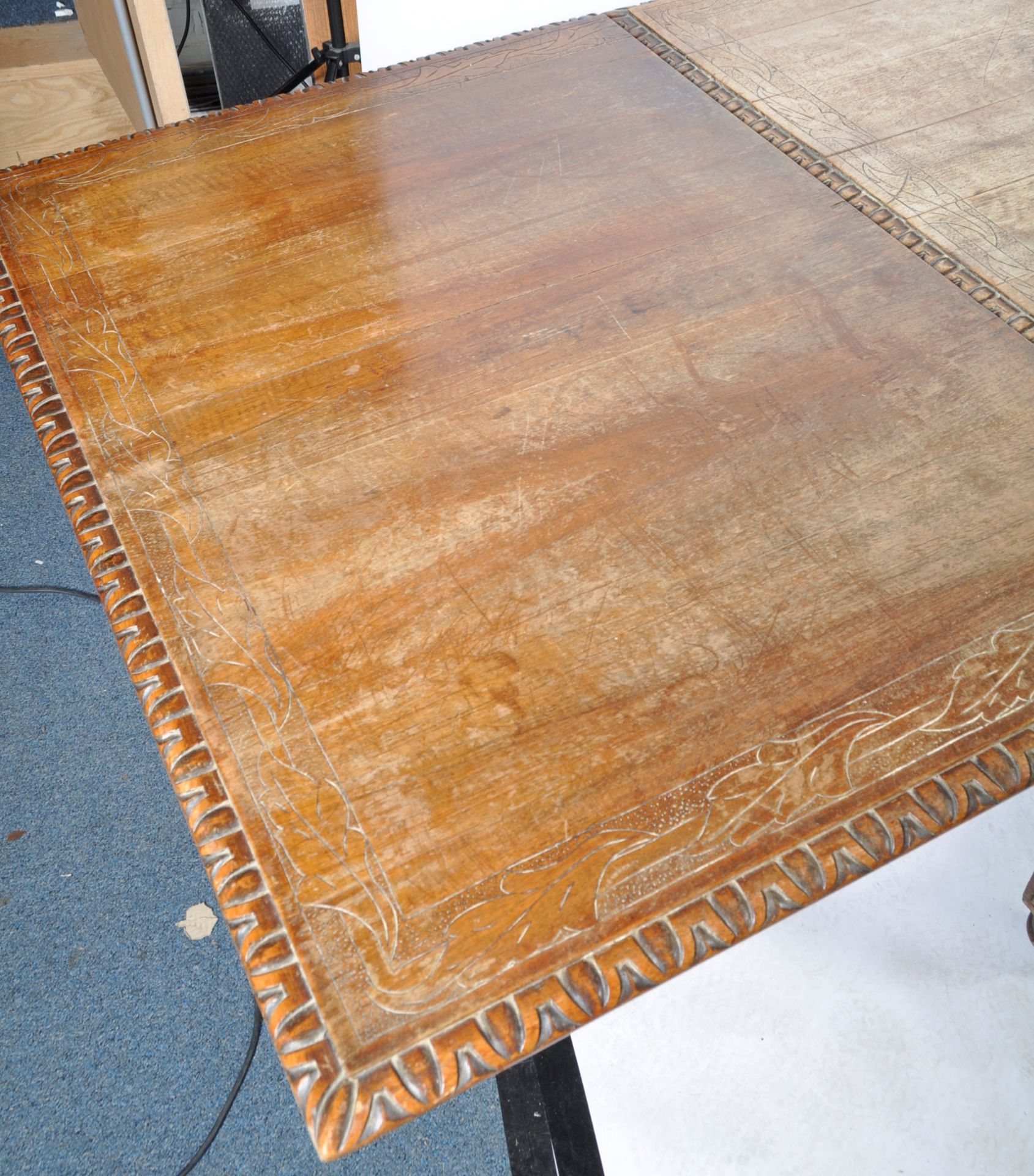 19TH CENTURY VICTORIAN SOLID CARVED OAK REFECTORY DINING TABLE - Image 13 of 13