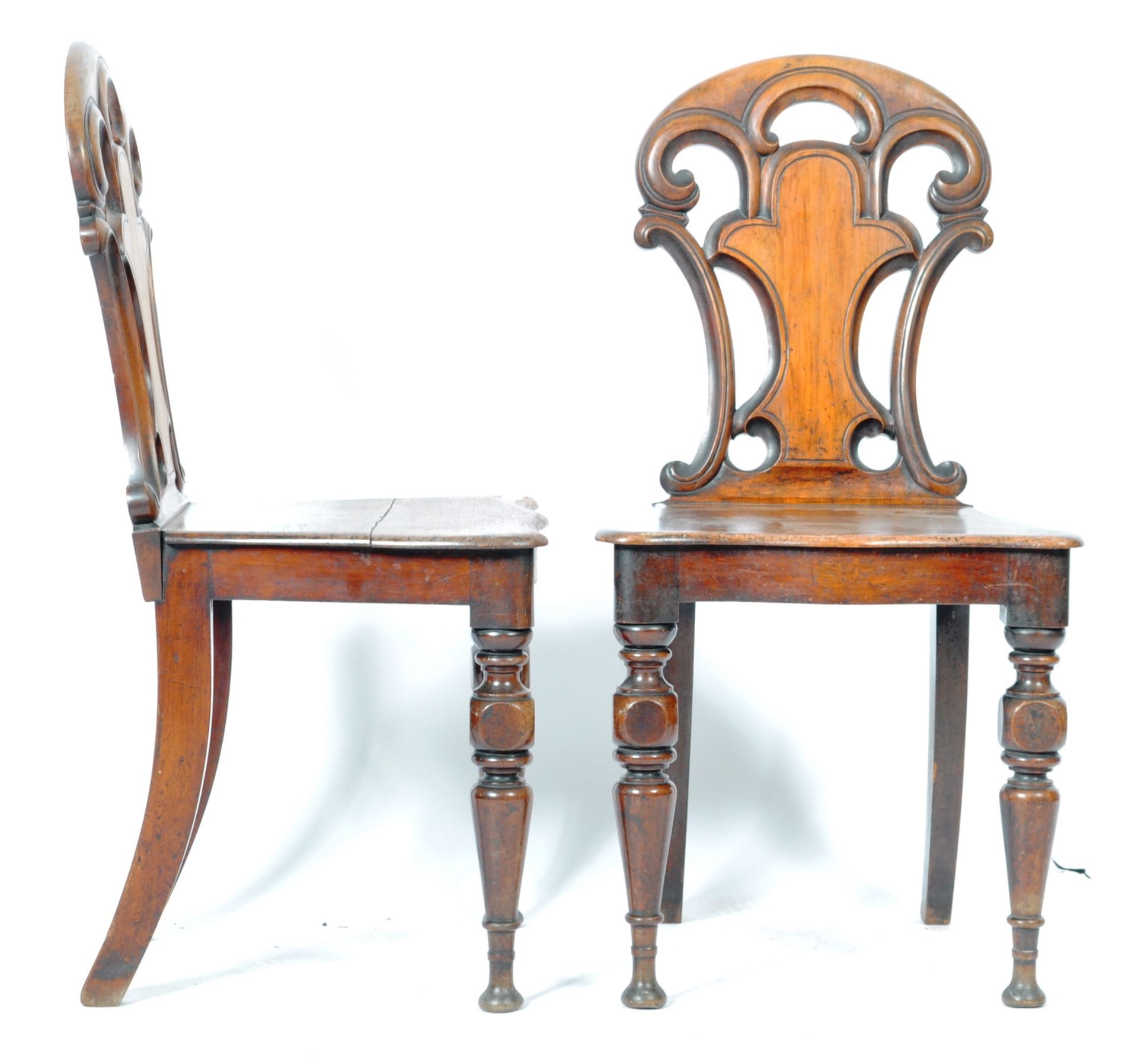 MATCHING PAIR OF VICTORIAN MAHOGANY CARVED HALL CHAIRS - Image 7 of 8