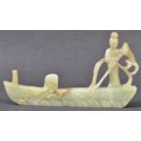 ANTIQUE CARVED JADEITE FIGURE OF GUANYIN ON LOTUS PETAL BOAT