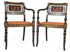 PAIR OF EBONISED AND GILT WOOD ARMCHAIR / CARVER CHAIRS