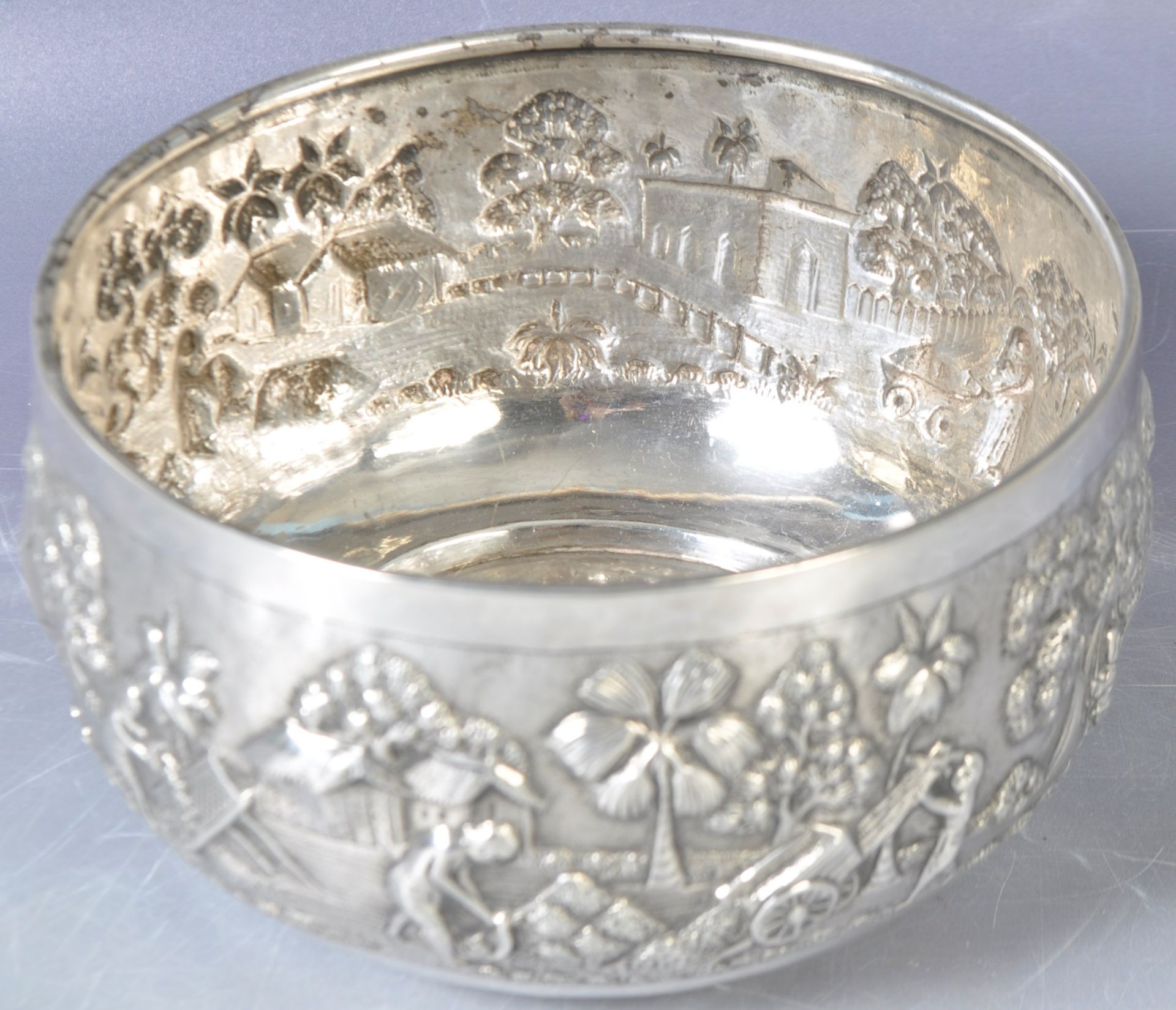 ANTIQUE 19TH CENTURY INDIAN VILLAGE SCENES SILVER PRAYER BOWL - Image 3 of 4