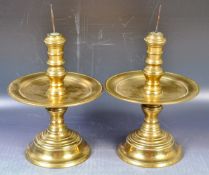 PAIR OF 17TH CENTURY DUTCH BRASS PRICKET CANDLESTICKS