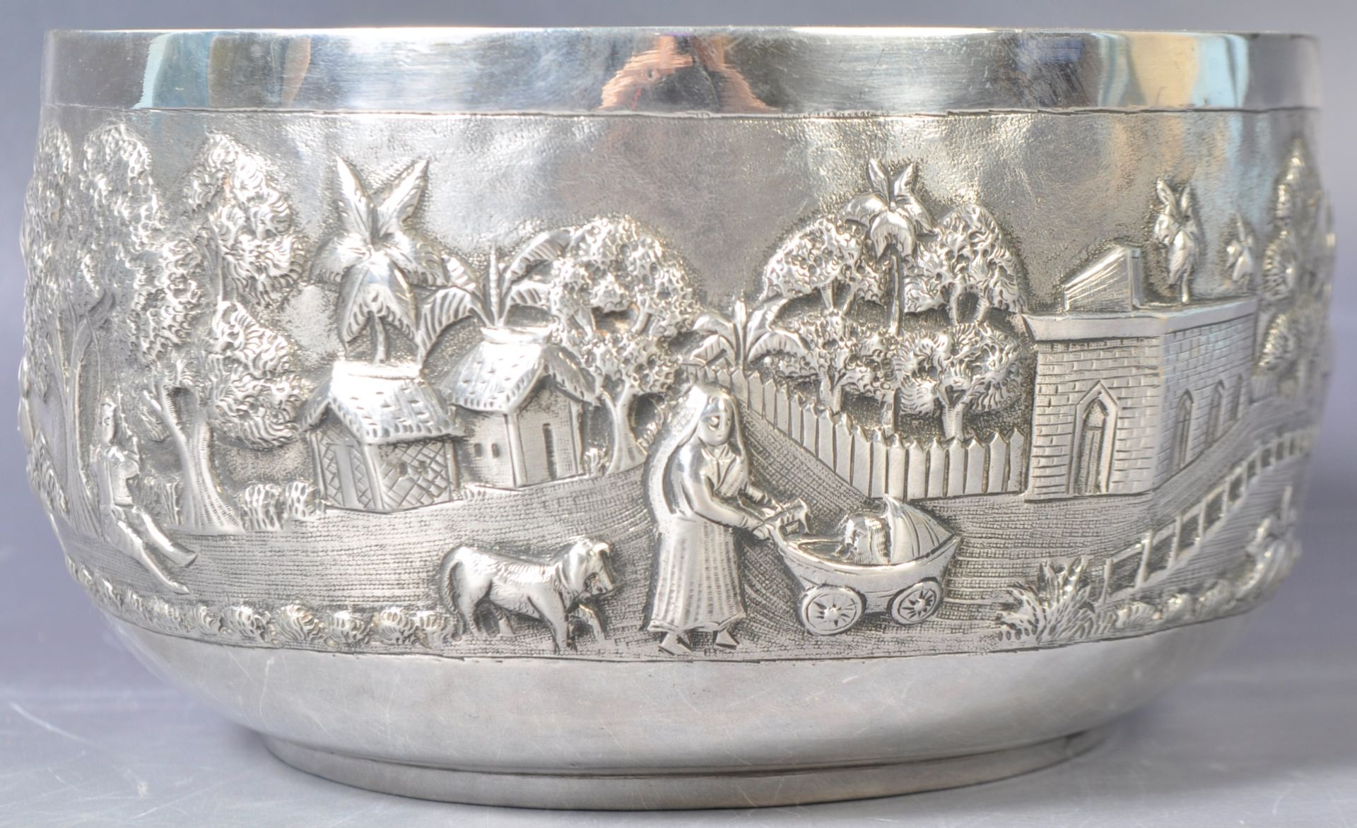 ANTIQUE 19TH CENTURY INDIAN VILLAGE SCENES SILVER PRAYER BOWL