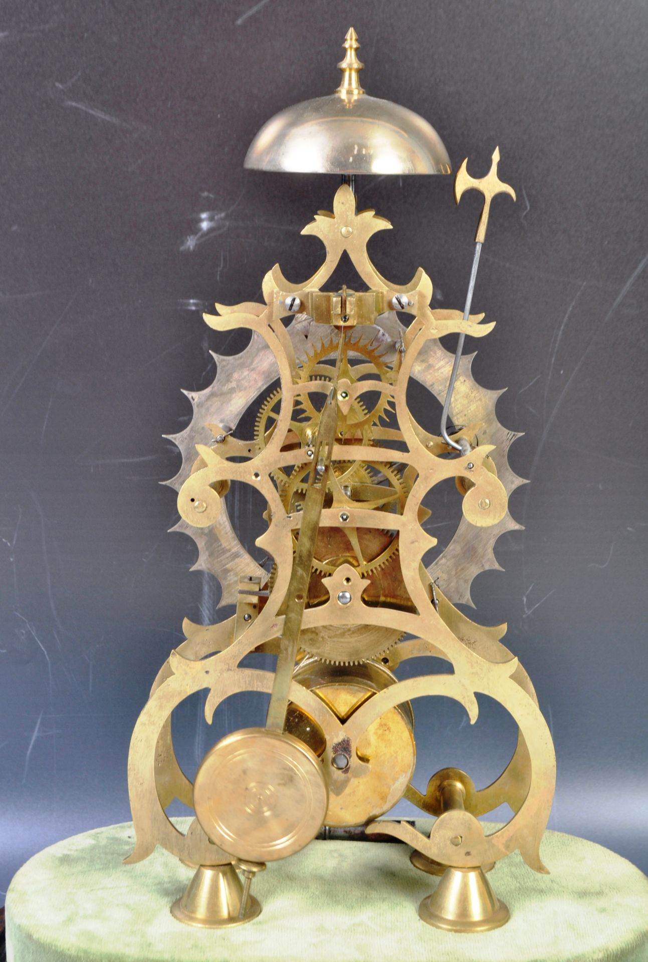 ANTIQUE MID 19TH CENTURY GOTHIC BRASS SKELETON CLOCK IN GLASS DOME - Image 11 of 13