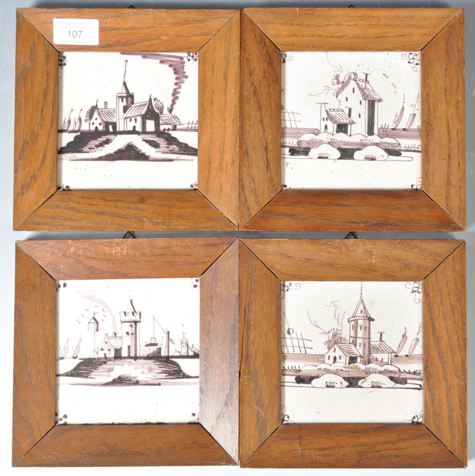 SET OF FOUR ANTIQUE DELFT DUTCH MAGENTA TILES IN FRAMES