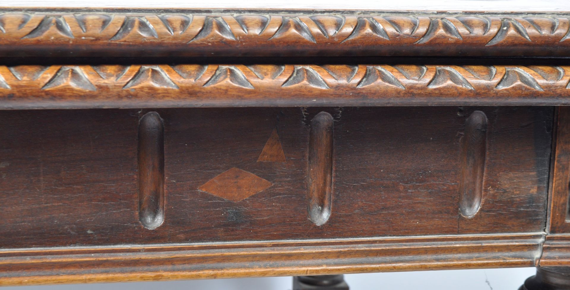 19TH CENTURY VICTORIAN SOLID CARVED OAK REFECTORY DINING TABLE - Image 8 of 13