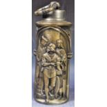 ANTIQUE 19TH CENTURY GERMAN BRONZE & PEWTER SPIRIT FLASK