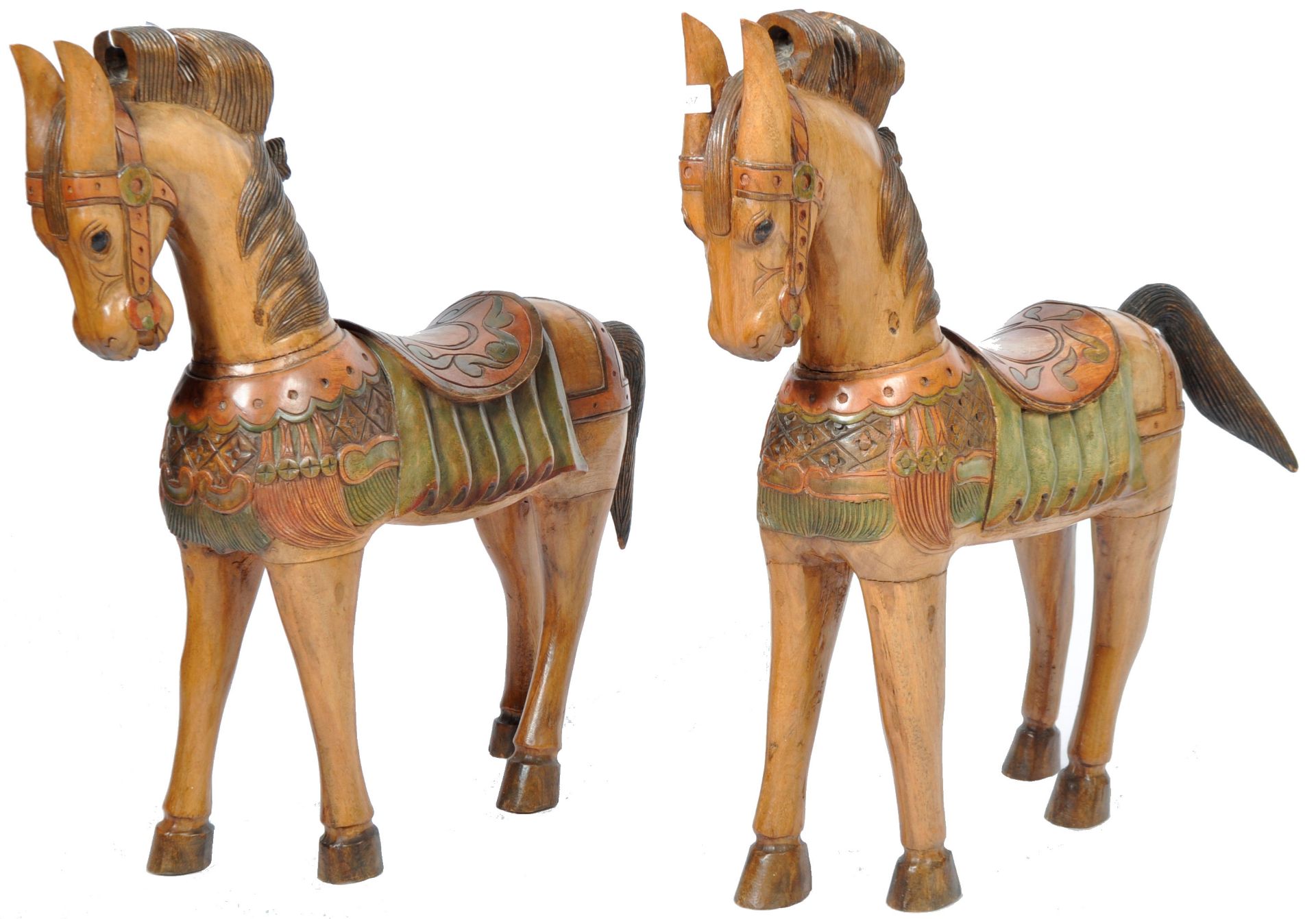 PAIR OF HAND CARVED WOODEN FAIRGROUND STYLE HORSES