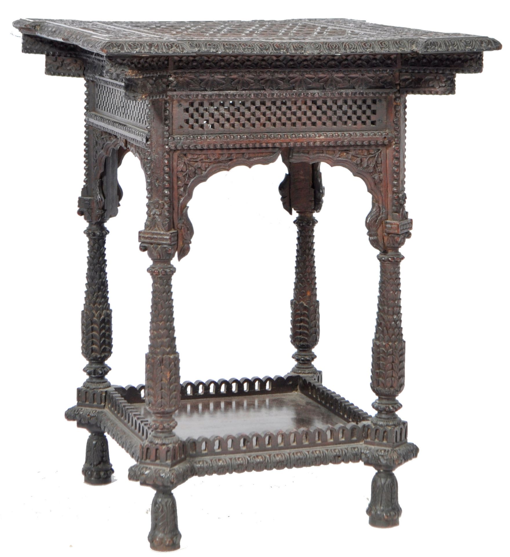 ANTIQUE CARVED ANGLO BURMESE / INDIAN CARVED HARDWOOD SIDE TABLE