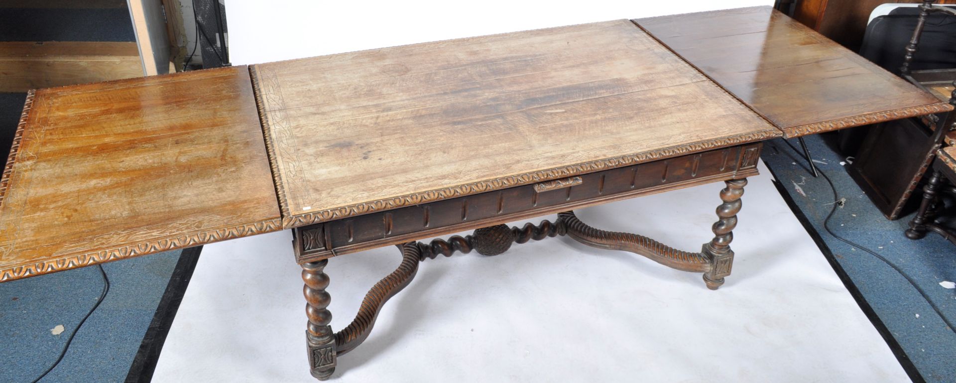 19TH CENTURY VICTORIAN SOLID CARVED OAK REFECTORY DINING TABLE - Image 12 of 13