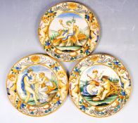 SET OF THREE ANTIQUE ITALIAN MAJOLICA HAND PAINTED PLATES