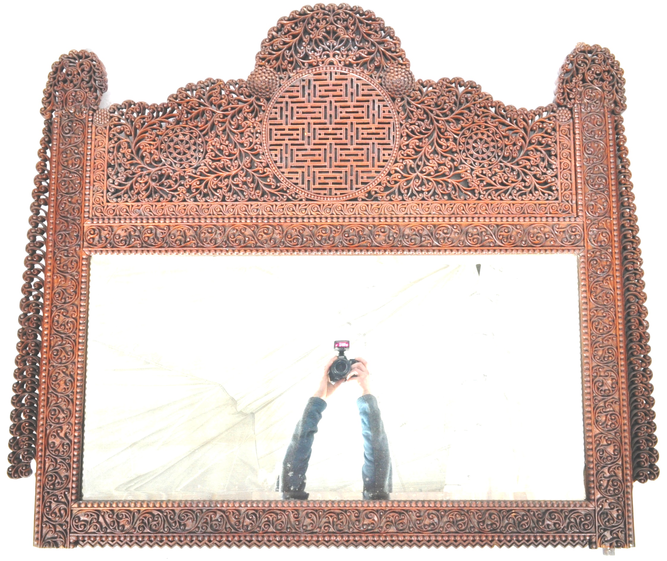 ANTIQUE 19TH CENTURY INDIAN CARVED WOOD ORNATE OVERMANTLE MIRROR