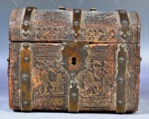 16TH CENTURY FRENCH EMBOSSED LEATHER AND IRON BOUND CASKET BOX