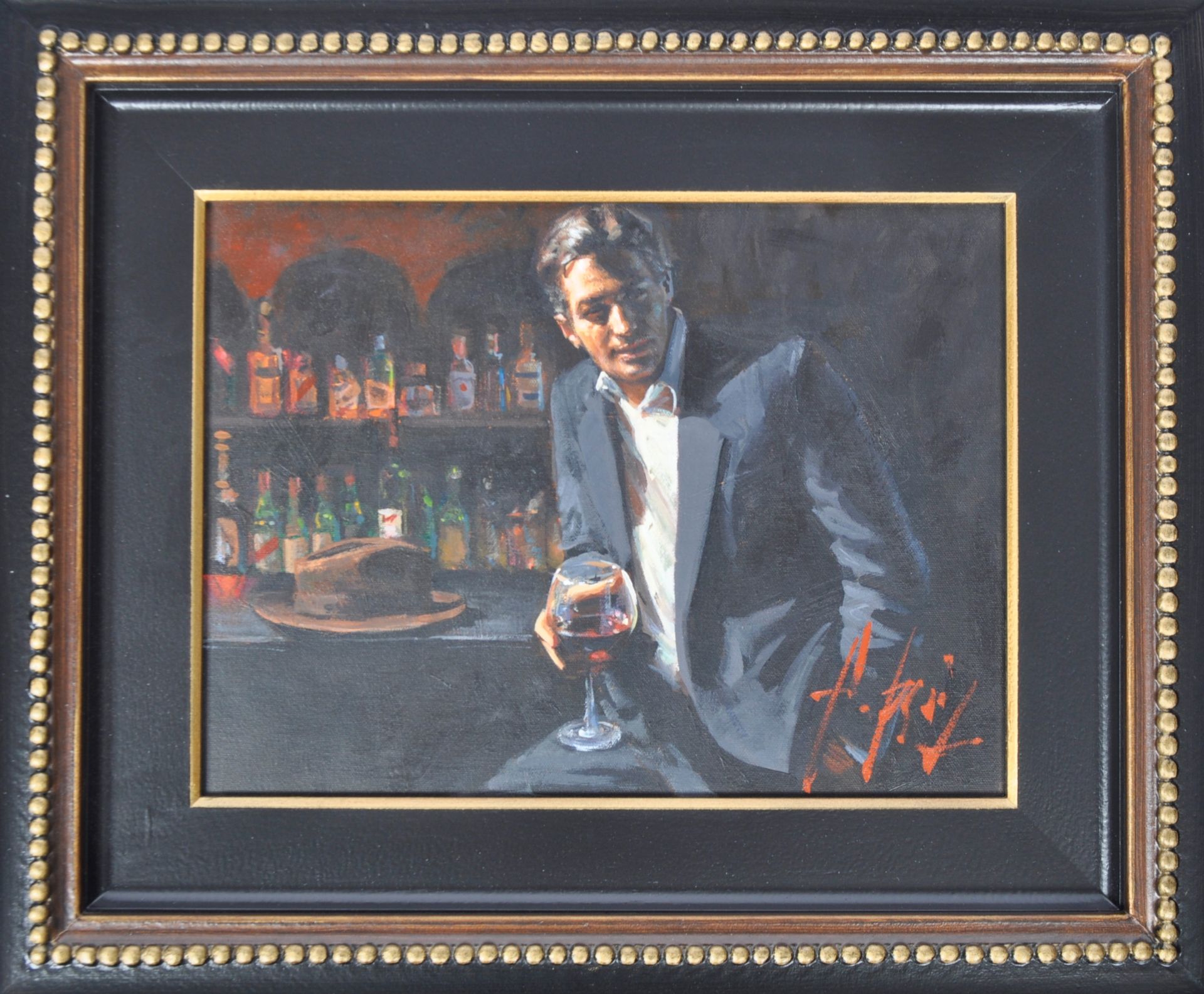 FABIAN PEREZ - MAN AT BAR WITH RED WINE - OIL ON CANVAS