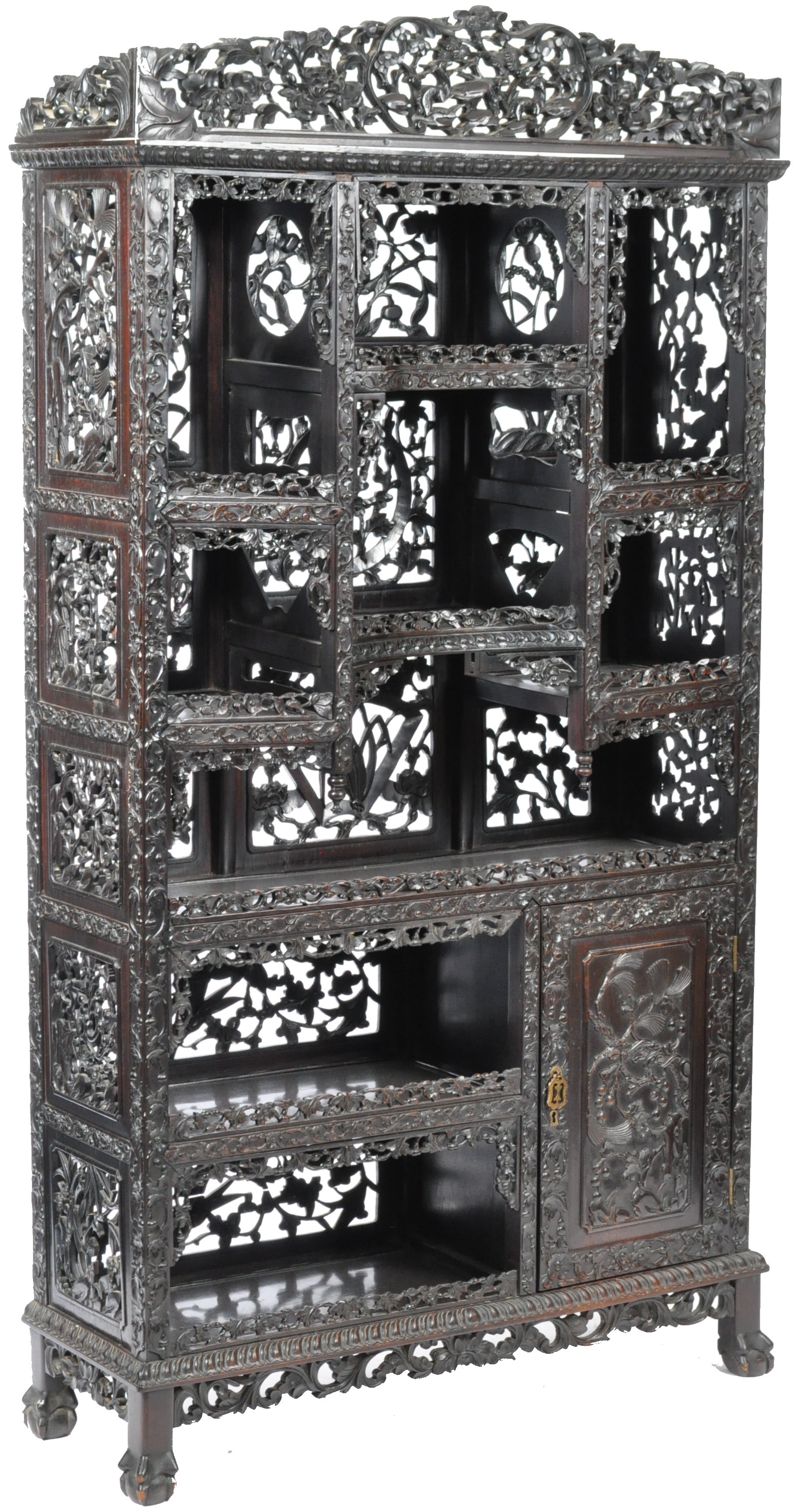IMPRESSIVE 19TH CENTURY CHINESE CARVED HARDWOOD DISPLAY CABINET