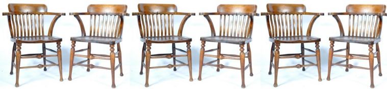 SET OF SIX ANTIQUE EDWARDIAN OAK & ELM SMOKERS BOW DESK CHAIRS