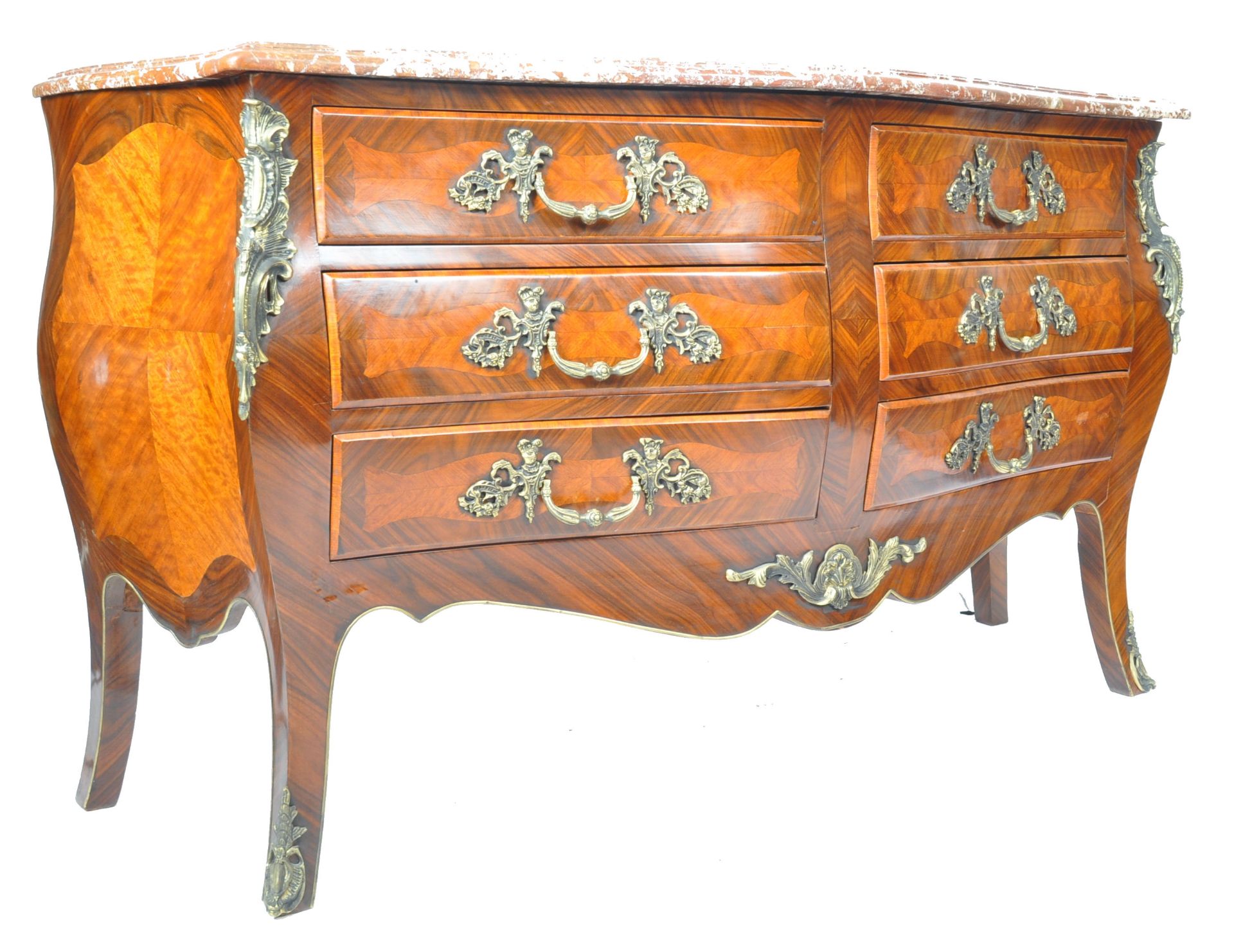 20TH CENTURY FRENCH WALNUT AND MARBLE TOPPED COMMODE BOMBE