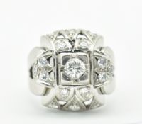 FRENCH PLATINUM AND DIAMOND BOMBE RING