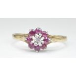 9CT GOLD DIAMOND AND PINK STONE CLUSTER RING