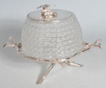 GLASS AND SILVER PLATED HONEY POT