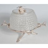 GLASS AND SILVER PLATED HONEY POT