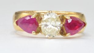 22CT GOLD THREE STONE DIAMOND AND RUBY RING