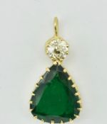 18CT GOLD EMERALD AND DIAMOND DROP PENDANT