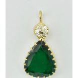 18CT GOLD EMERALD AND DIAMOND DROP PENDANT